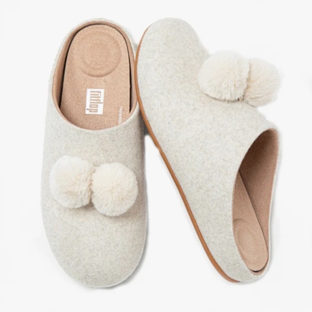 Fitflops Chrissie Pom-Pom Felt Slippers - Size 6/EU 37 * Ivory